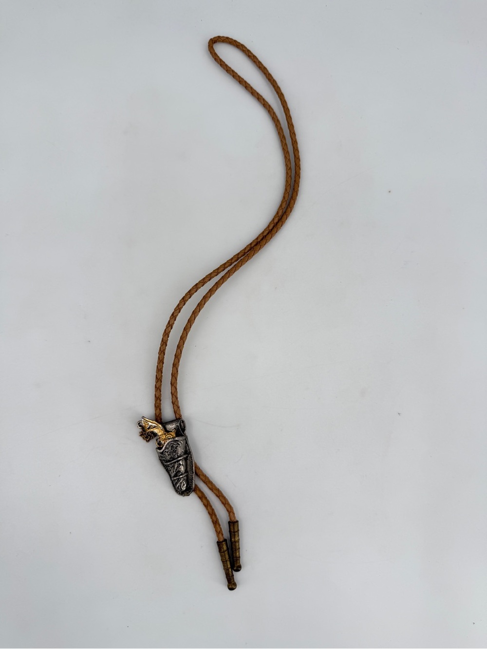 Vintage Western Bolo Tie Two-Tone Metal Gun Holster Gunslinger Cowboy Necktie